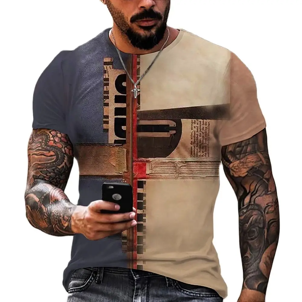 

Vintage Men's T-shirt Summer Geometric Distress Shirt Tops Compass Printed Short-sleeve Tee Loose Men Clothing Casual Streetwear