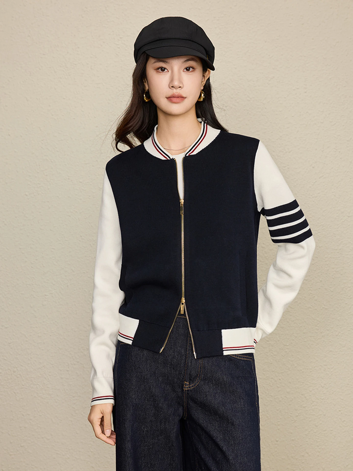 

British Style Knitted Zipper Baseball Jacket Women's Autumn Winter New Stripe Open Cardigan Warm Long Sleeve round Neck Regul...
