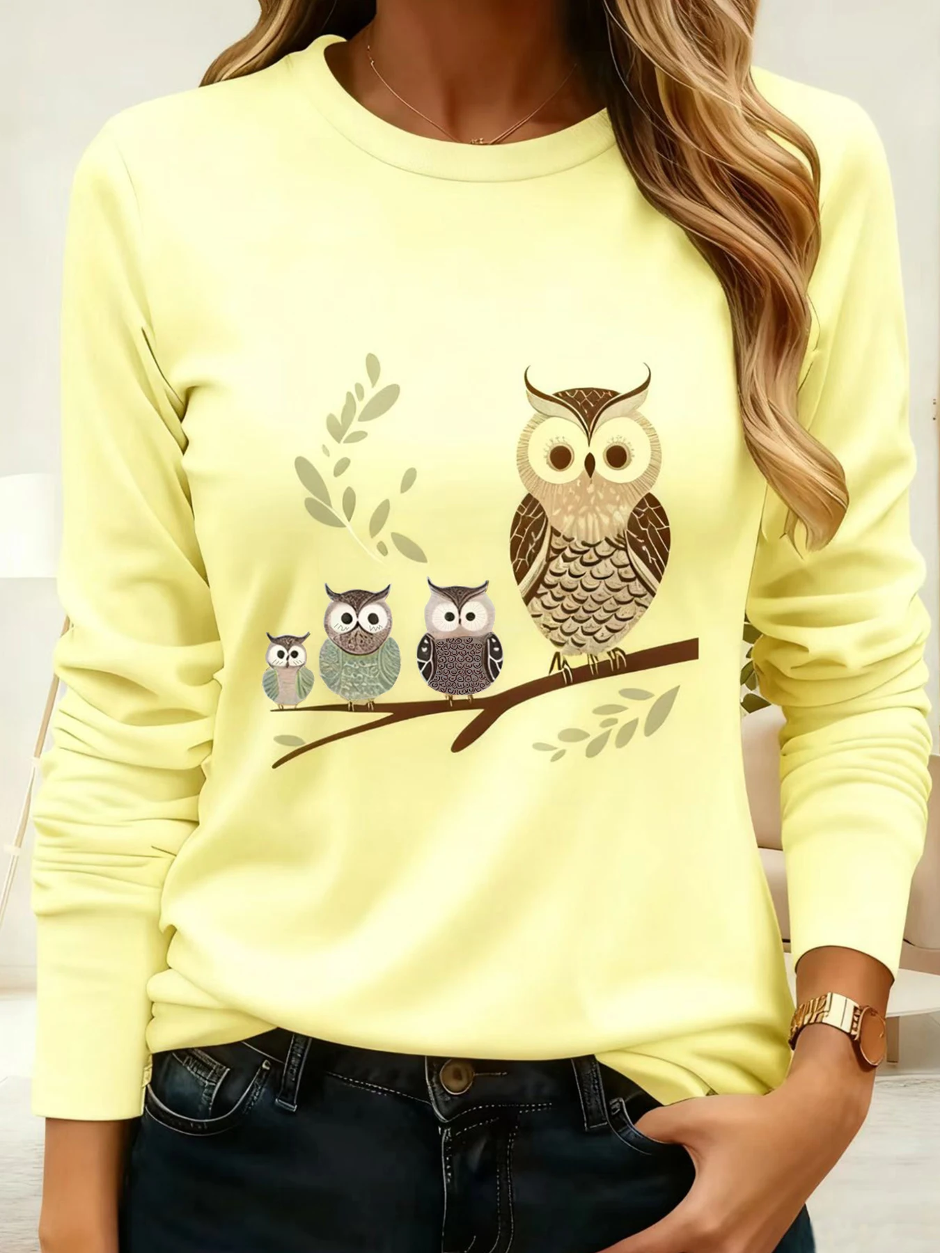 Женская футболка больших размеров с длинным рукавом — мягкий повседневный топ, семейный узор «Сова», можно стирать в машине, повседневное незаменимание, высокое качество, женская одежда