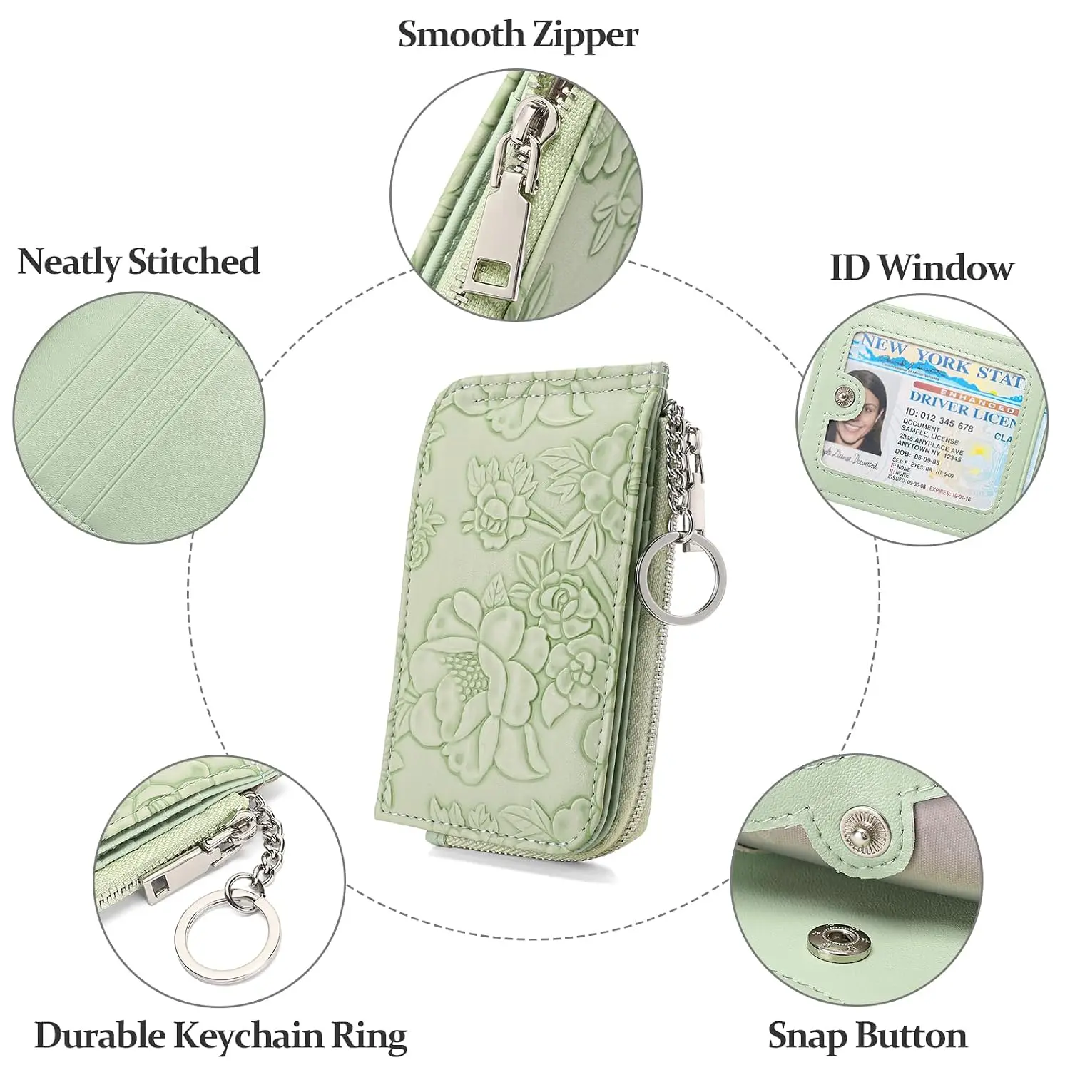 Pu Zip Card Holder Embossed Card Case Large Capacity Wallet Daily Matching Embossed Floral