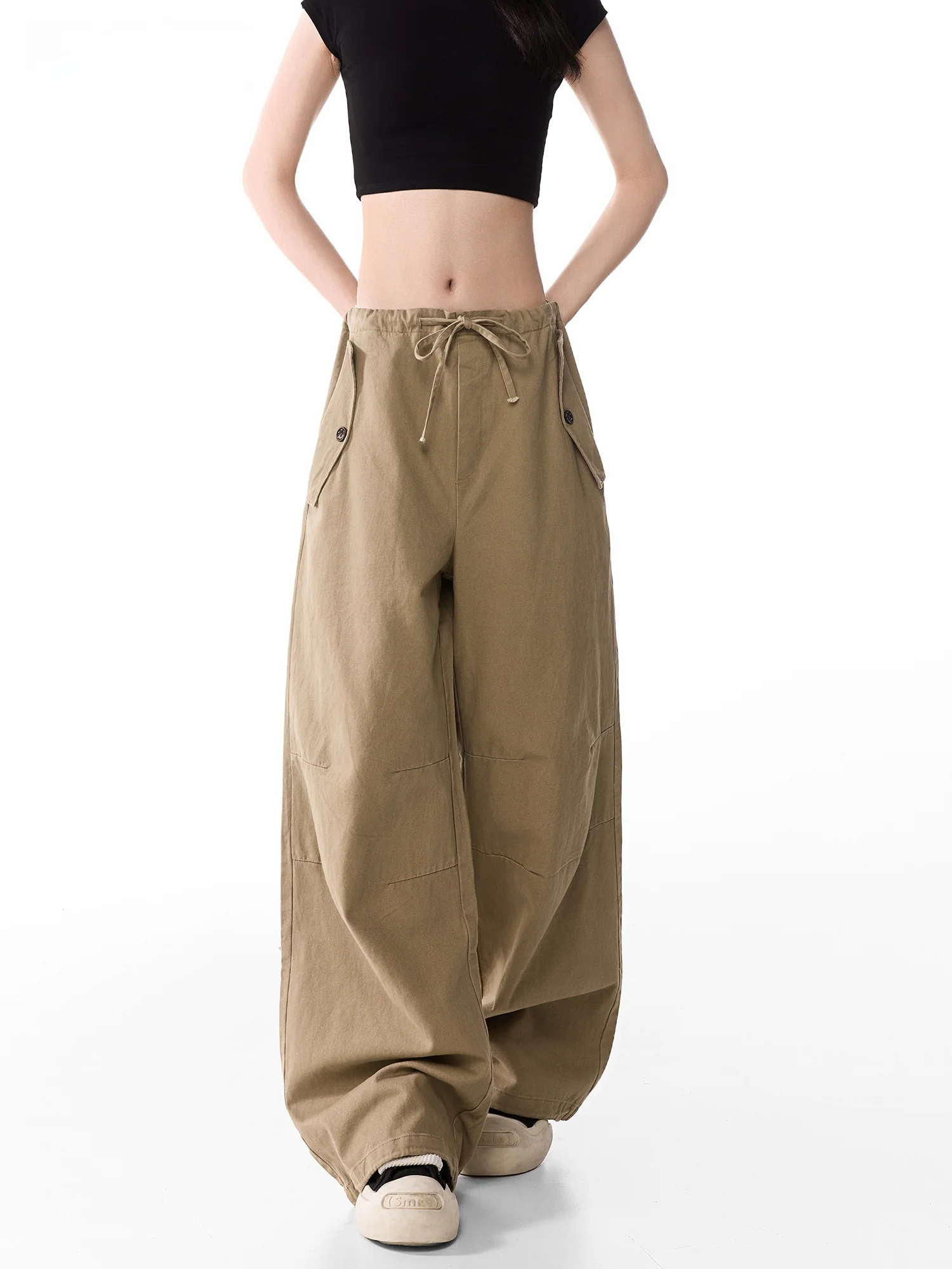 Summer Casual Cotton Pants Women's Design Elastic Waist Vintage Cuffed Straight Leg Wide Leg Workwear Trousers Street Style S...