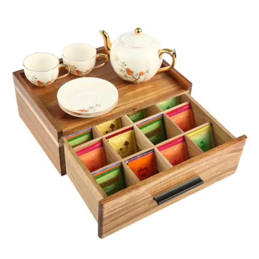 

Acacia Wood Tea Bag Organizer - 12-Compartment Capacity Tea Box Organizer Storage Box with Drawer Tea Accessories for Tea Bags