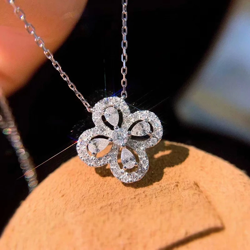 925 silver high carbon diamond hollow flower-shaped zircon ring water drop round flower necklace female party birthday jewelry