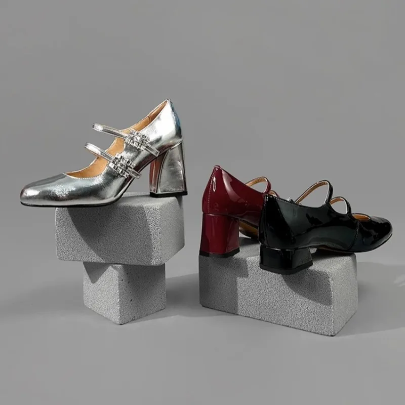 

New Design Silver Rhinestone Mary Jane Shoes Women's High Heels Genuine Leather Fashion Dress Party Wedding Shoes Female