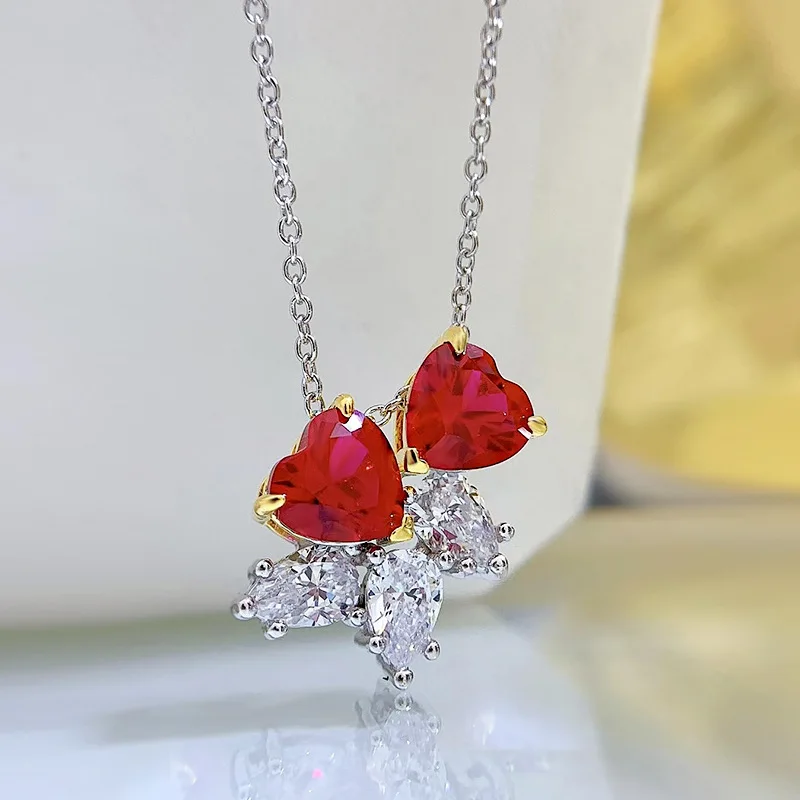 S925 Silver Dove Blood Red Ruby Necklace Sweet Heart shaped Pendant Wholesale for Children