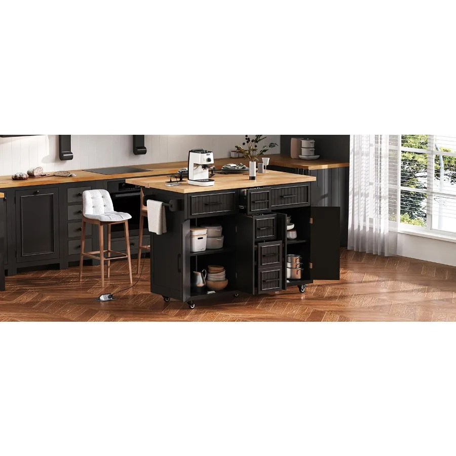 

KK 56.5'' Kitchen Island with Drop Leaf Power Outlet Embossed Vertical Stripe Rolling Kitchen Cart on Wheels with 4 Doors 5 Dee