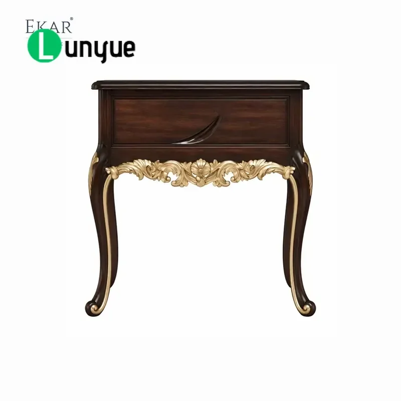 Vintage Walnut Gold Plated Drawer Bedside Table Luxury French Classic Nightstand with Engraved Lace Elegant Bedroom Furniture
