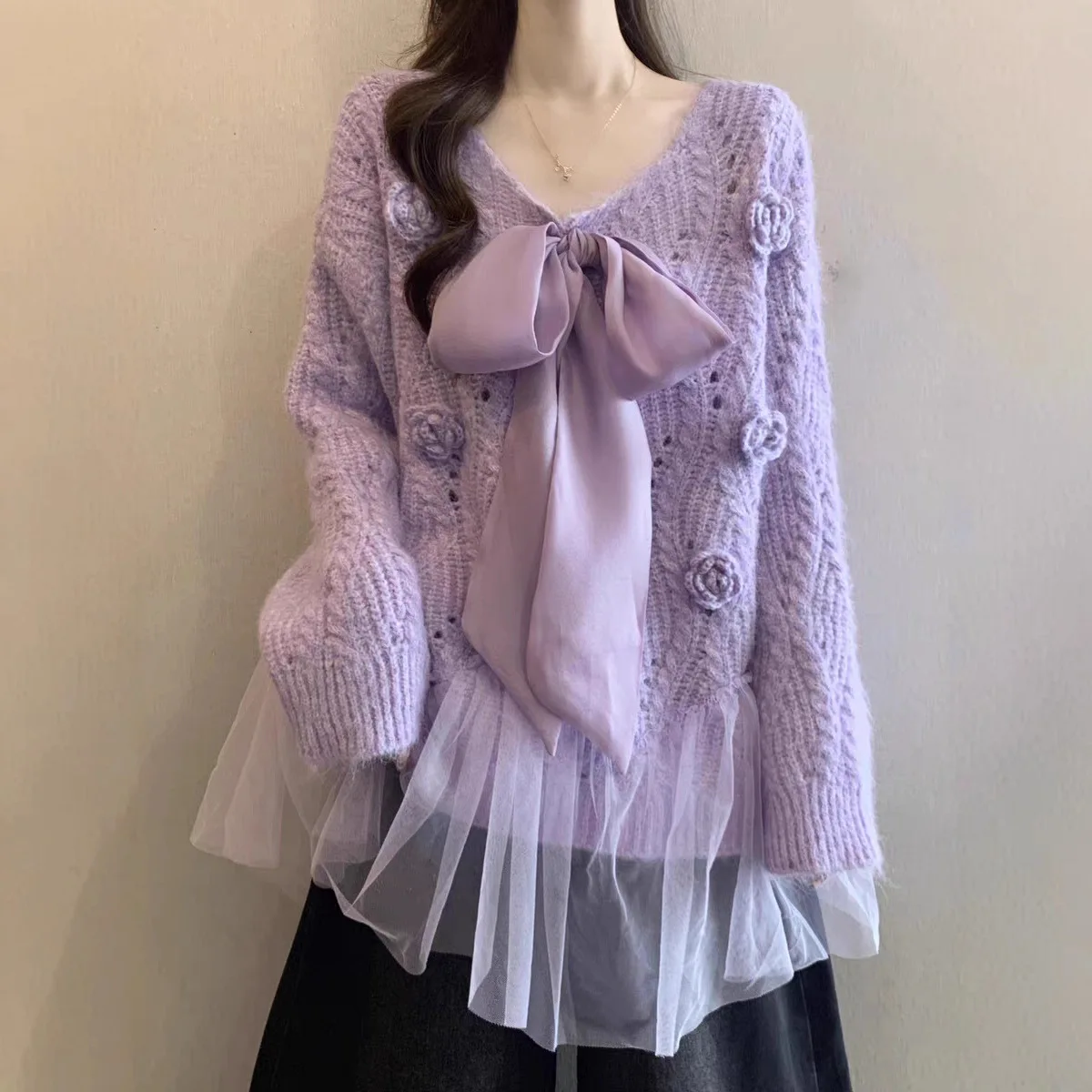 

Bow Knitted Pullovers for Women Autumn Winter Loose Thicken Sweater Korean Style Long Sleeve Jumpers Sweet Lace Sweaters