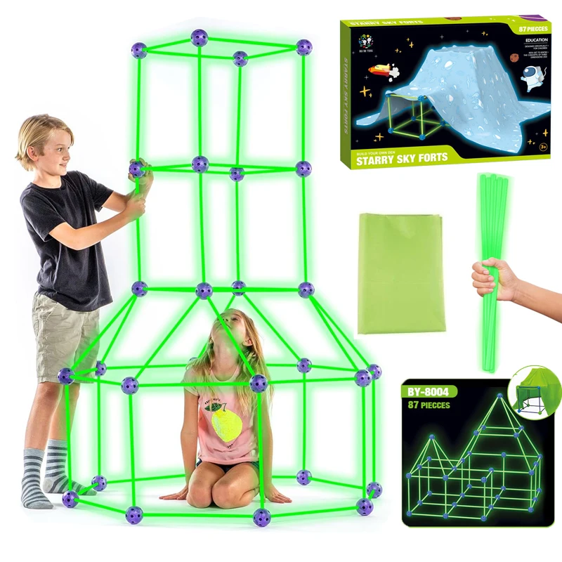 Glow In The Dark Fort Building Play Tent Kit for Kids Creative Set for Indoor & Outdoors Activity STEM Construction Toys Gift