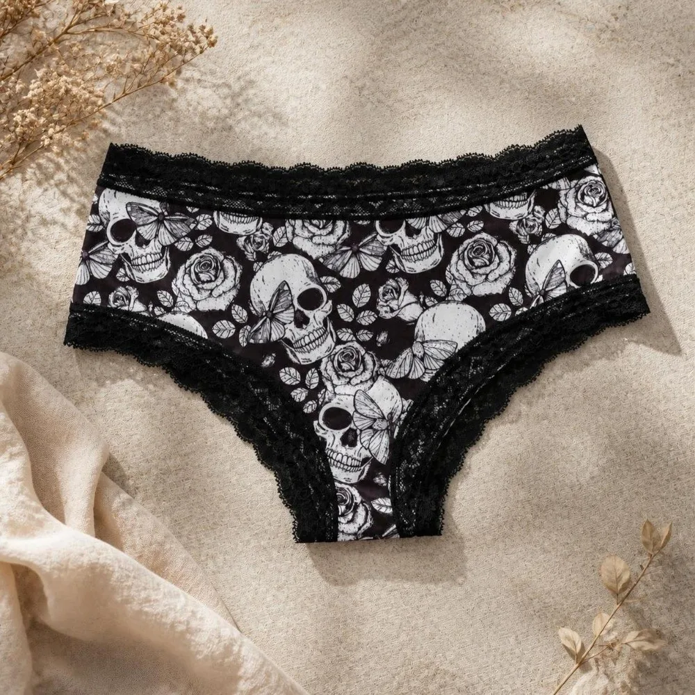 Mid Waist Women's Panties Halloween Skull Gothic Style Skeleton Briefs Star Lingerie Lace Triangle Underwear Gothic Style