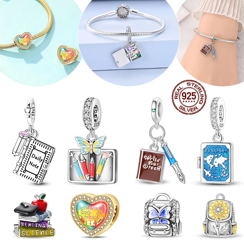 Trendy S925 Sterling Silver Charm Beads CZ Zircon Notebook Pen Backpack Dangle Fit Original Bracelet DIY Women Fine Jewelry Gift
