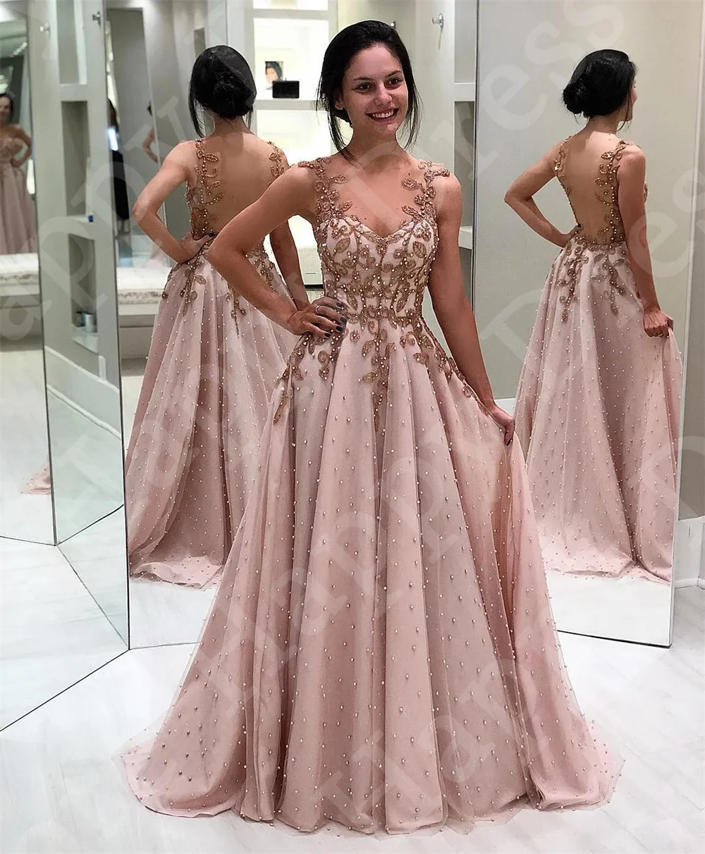 Romantic Pink Evening Dresses 2024 Illusion Backless Sleeveless Appliques  A-Line Formal Prom Dress Wedding Vestidos De Fiesta