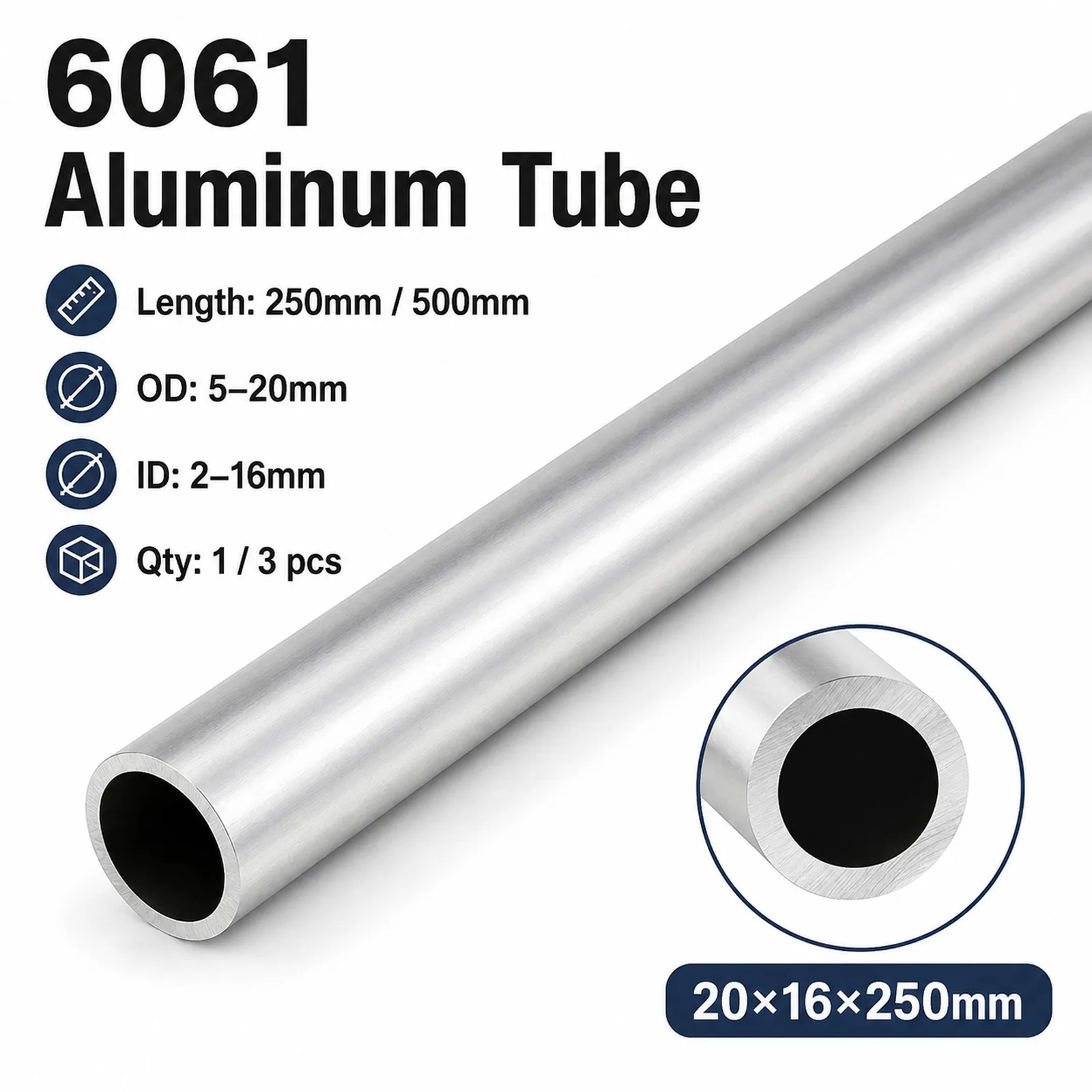 6061 Aluminum Alloy Straight Round Pipe Tube 1/3Pcs OD 5-20mm ID 2-16mm Length 250/500mm