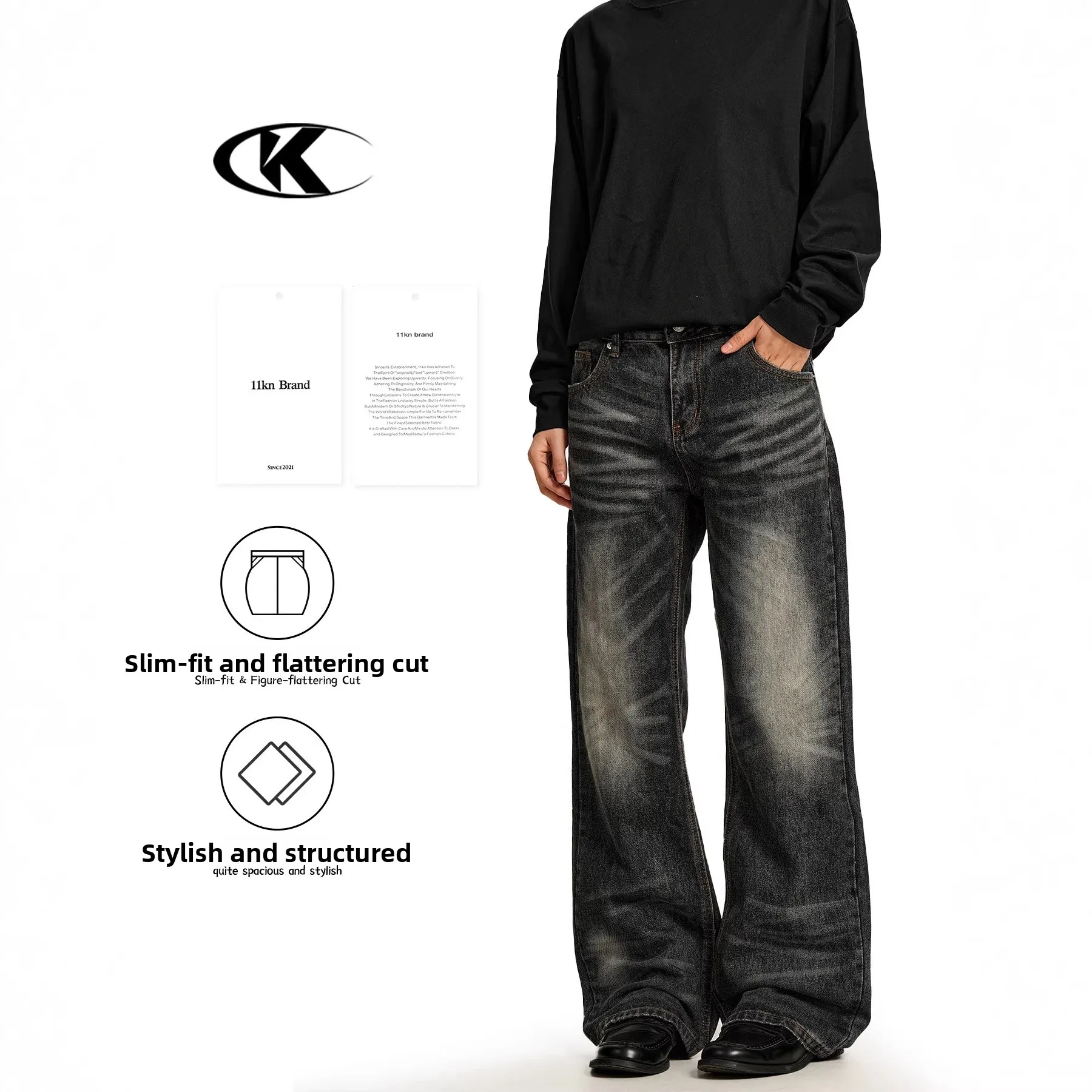 

American Sle Bla Denim Jeans Loose Wide Leg Straight Casual Long Trousers for Men And Women Vintage Waed