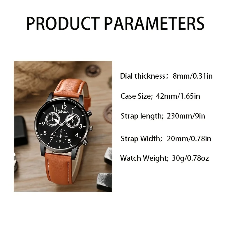 1set 1pc Fashion Fake Three Eyes Dial Casual Strap Large Dial Quartz Watch + 1pc Bracelet/ 1pc Bracelet