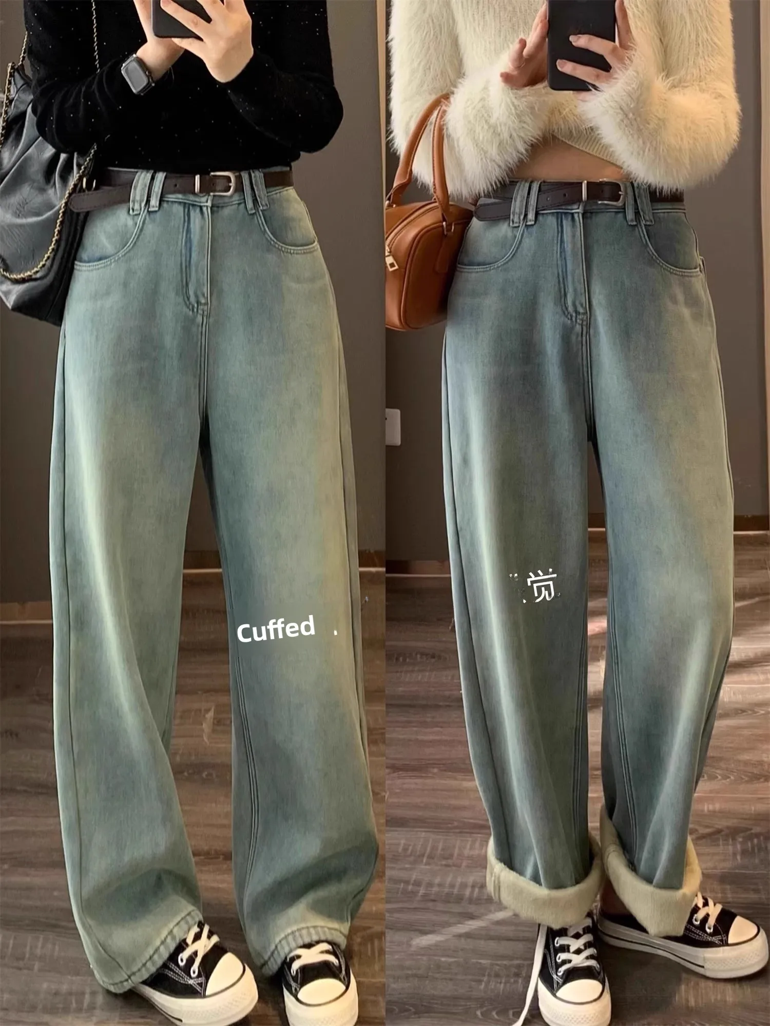 

Женские джинсы-харланы на флисовой подкладке, прямые, свободного кроя, теплые, из денима, с высокой талией, на молнии, зимние, модные, больших размеров