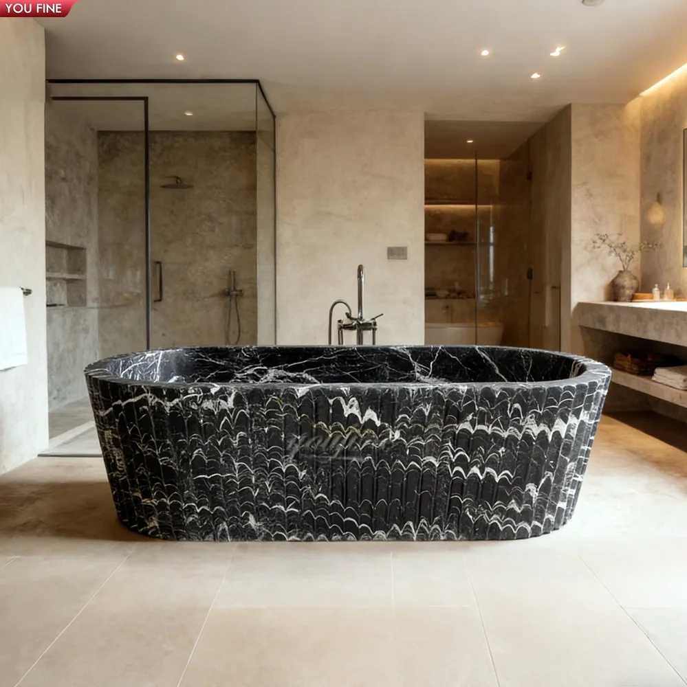 Luxury Stone Baths,YOUFINE Handcarved Black Marble Bathtub With Fluted Texture Luxury Bathroom Decor For Villa