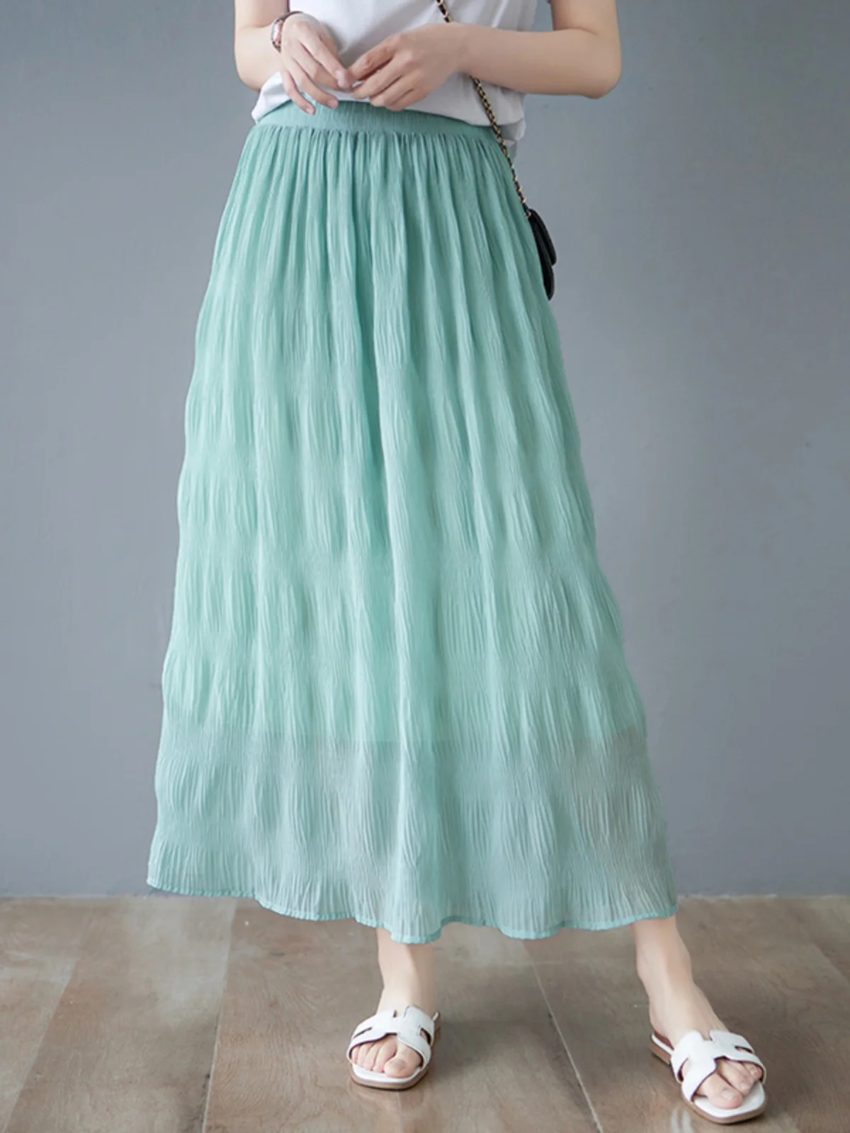 

Чистый цвет с высокой талией, длинная юбка трапециевидной формы для женщин больших размеров, плиссированная юбка Ele Agel, Commute Art Sle