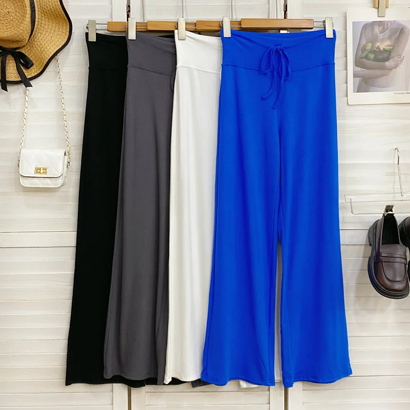 

Slimming High Waist Wide Leg Pants Straight Cut Casual Trousers Women's Color Dstring Elastic Floor Length