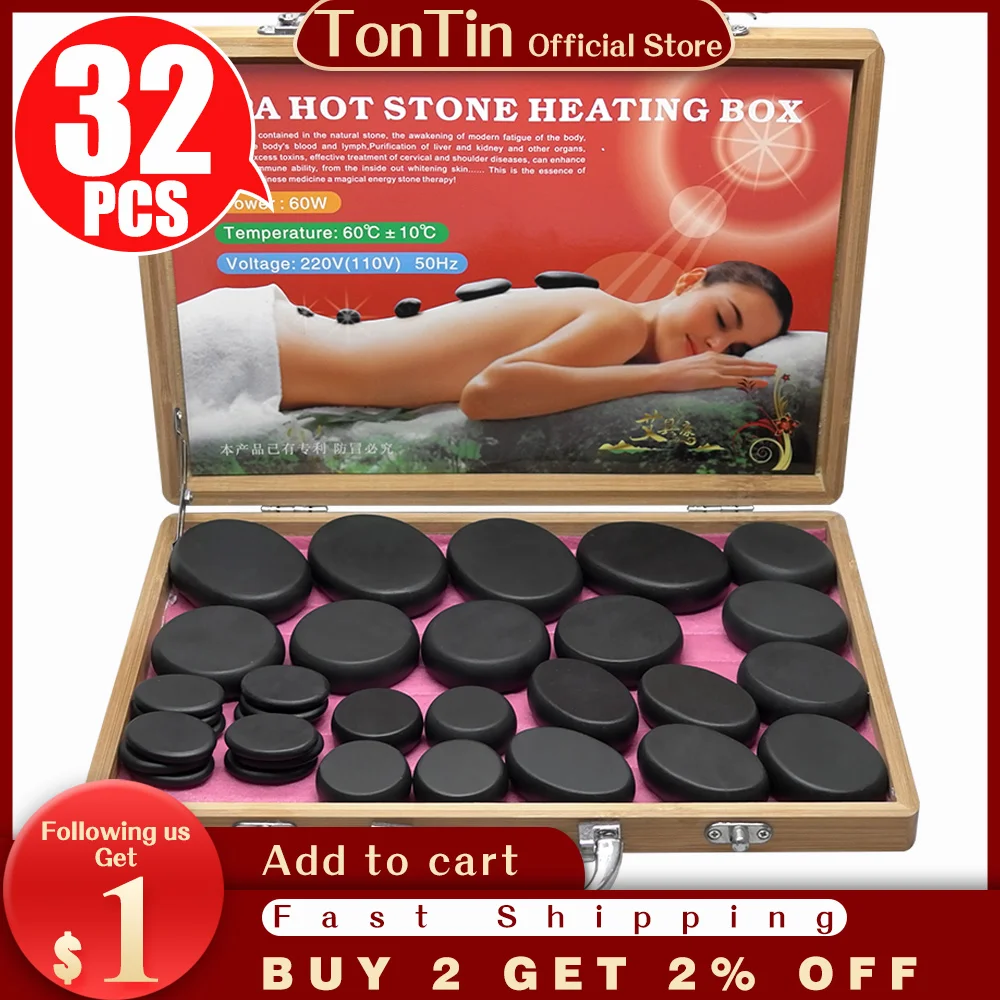 

Tontin 38pcs/set body massage stone hot stone with 220V/110V Bamboo heating box Relieve Stress Back Pain Health Care