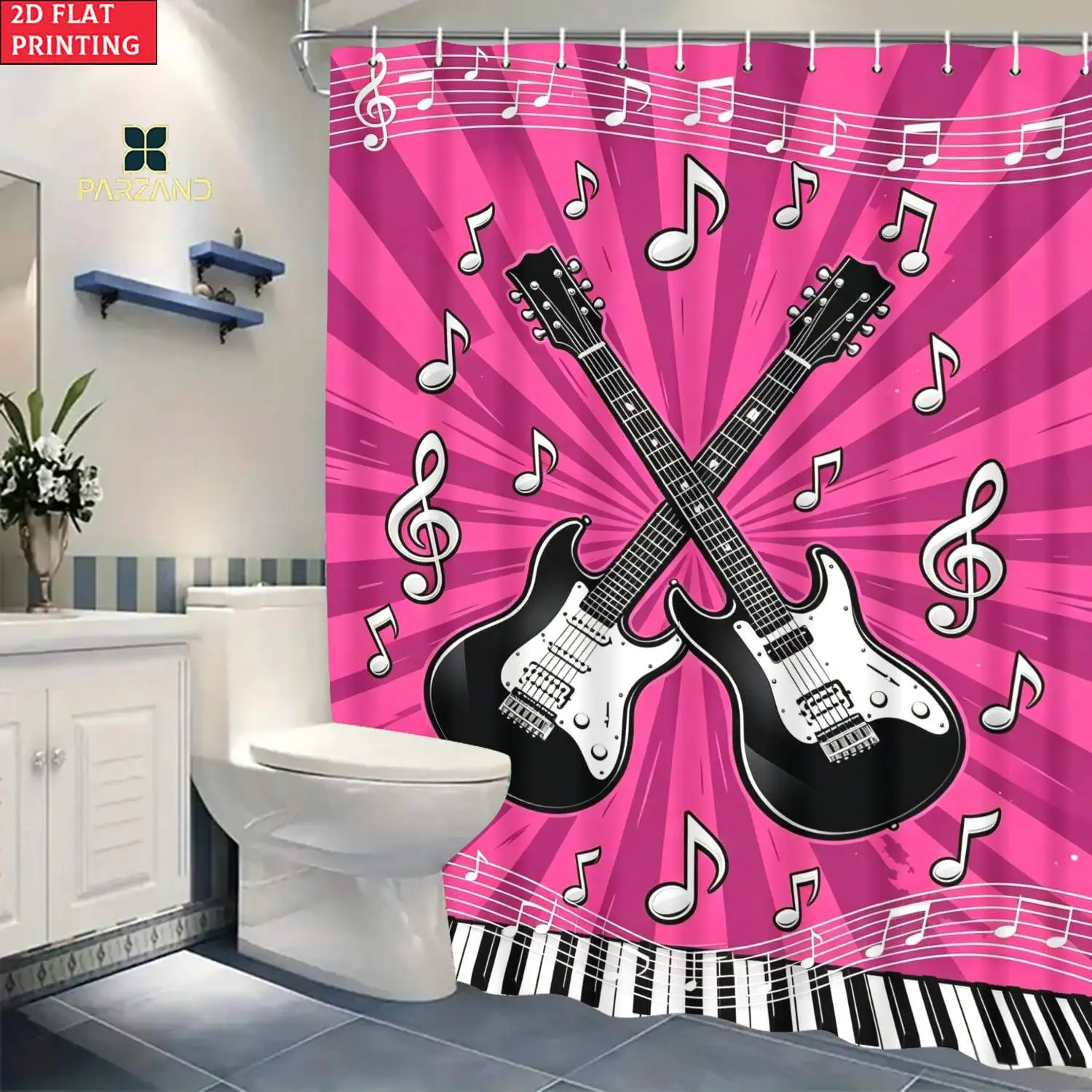 Rock Music Shower Curtain, Electric Guitar & Piano Key Print Bath Screen, Waterproof Polyester Fabric Cool Bathroom Decor