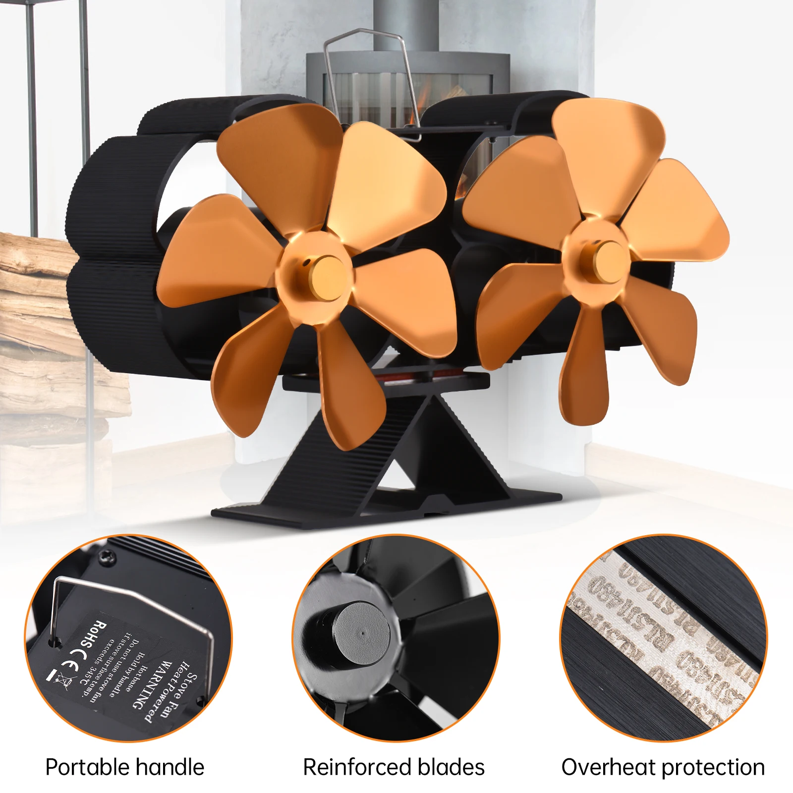 Dual Head 6 Blade Heat Powered Stove Fan with Carrying Handle and Overheating Protection Portable Heat Fan