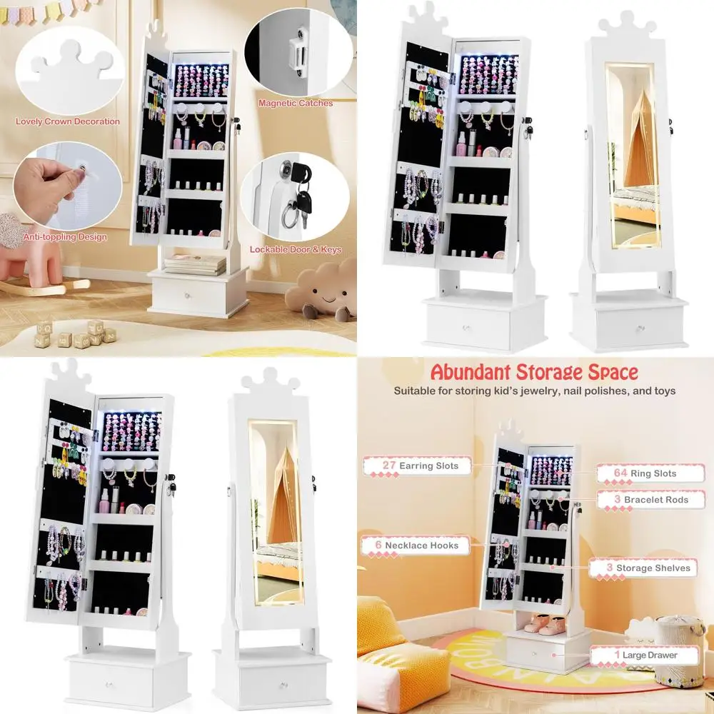 

Crown-Themed Wooden Jewelry Armoire with Mirror & Storage for Little Girls (White)