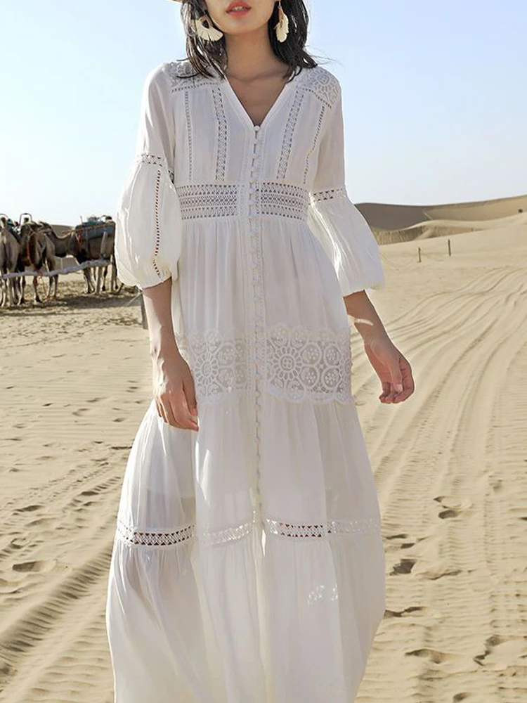 

White Long Dress Women Bohemian Lace Dresses Female Summer Holiday Fashion V-Neck Dress Casual Loose Hollow Out Vestidos