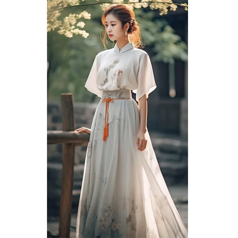 

Song Dynasty Modern White Stand Collar Printed Short sleeved Hanfu Dresses 2pcs Women 2023 Summer Elegant Loose Zen Tea Dress