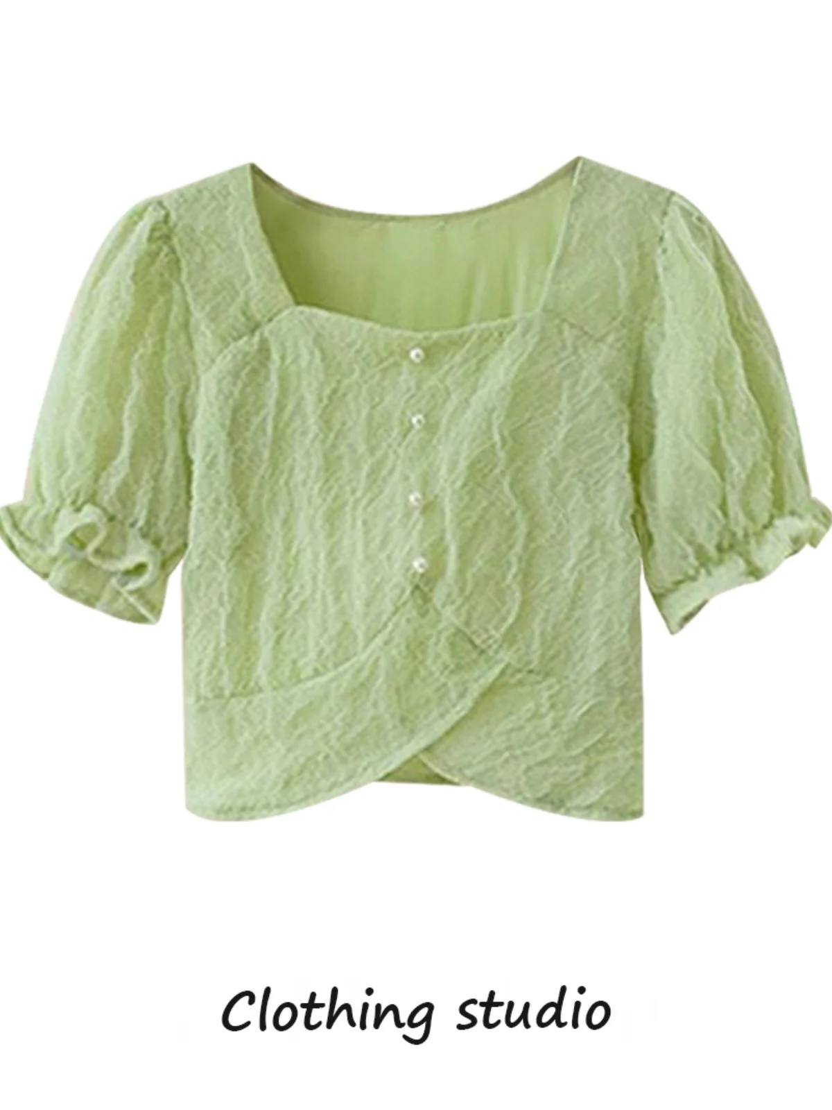 

French Sle Bubble Sve irt Women's ort Length Square Collar Summer New Fre Sle Chiffon Top Faionable And Unique