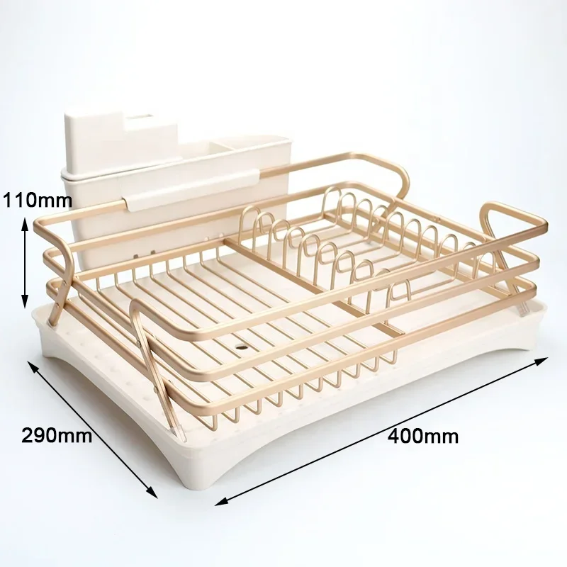 New  Hot Sale Aluminum Gold Sink Dish Rack Dish Drainer Rack Kitchen Sink Dish Drying Rack With Drainboard Set