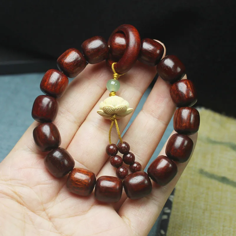 Zambia Rosewood Old-Styled Bead 12mm Bracelet Lotus Pendant Prayer Beads Jewelry