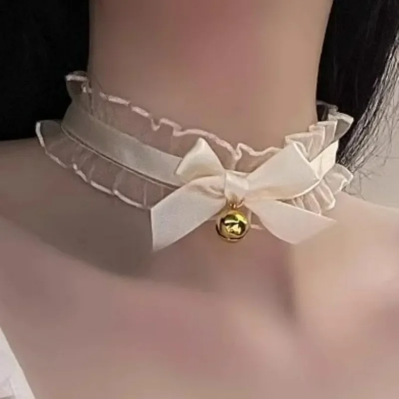 Lolita Lace Collar with Bells Vintage Lace Heart Choker for Women Gothic Bow Knot Leg Garter Necklace Girls Uniform Accessories