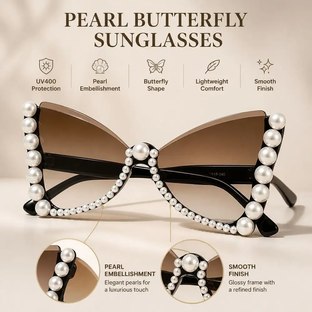 Pearl Embellished Butterfly Sunglasses Gradient Lenses Tinted Lenses Pearl Sunglasses Stylish Plastic Frame Statement Eyewear