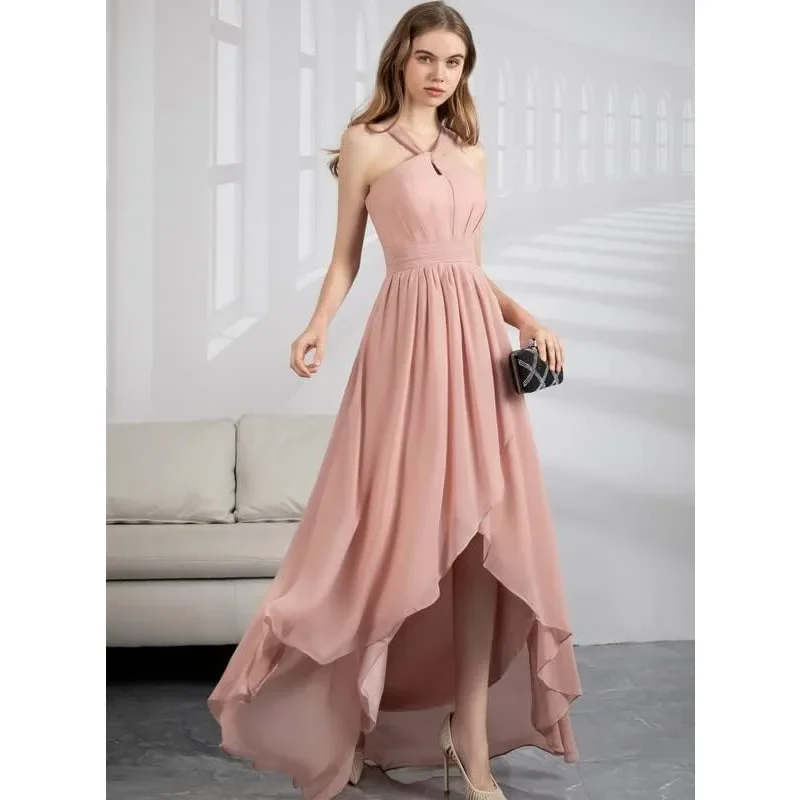 Wakuta Sexy Hanging Neck Cross Sleeveless Chiffon Women's Bridesmaid Gowns Irregular Hem A-line Folded Pocket Evening Dresses