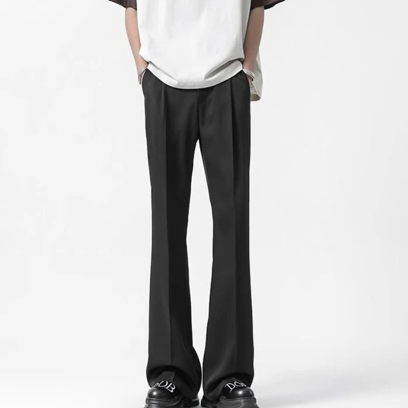 Men's Summer Black Elegant Drape Straight Fit Slight Flare Dress Pants Premium Casual Trousers Spring Autumn