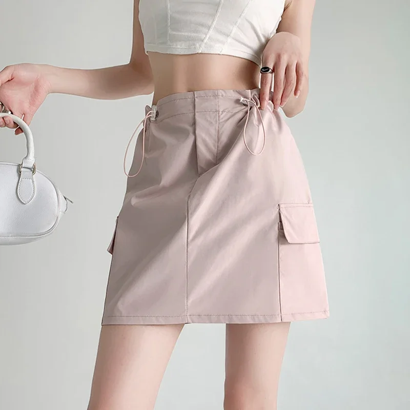 2025 American Retro Cargo Skirt Women Drawstring High Waist A Line Short Skirts Woman 2025 Summer Pocket Streetwear Skirt Female