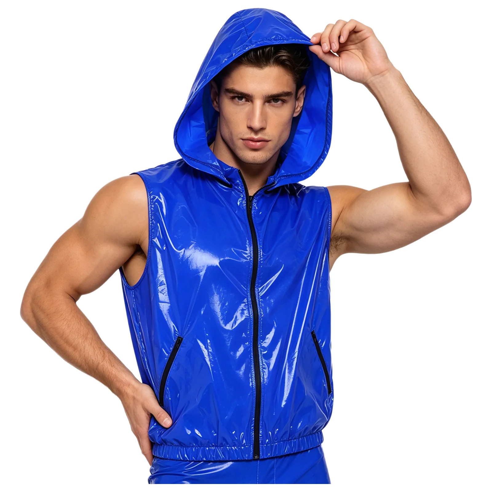 Men's Glossy Waterproof Hooded Vest Sleeveless Detachable Hood Zipper Tank Top with Pockets Cycling Sports Outerwear Clubwear
