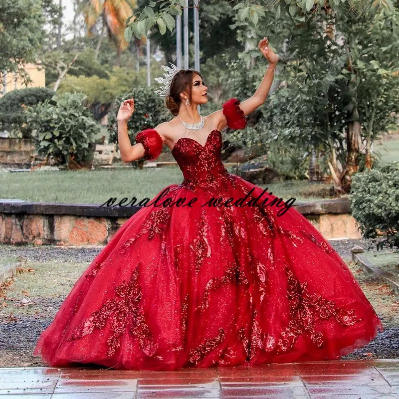 Gaun Quinceanera Merah Gaun Manis Kristal Bermanik Rok Lebar Vestidos Para XV Años Gaun 16 "Robe De Soirée