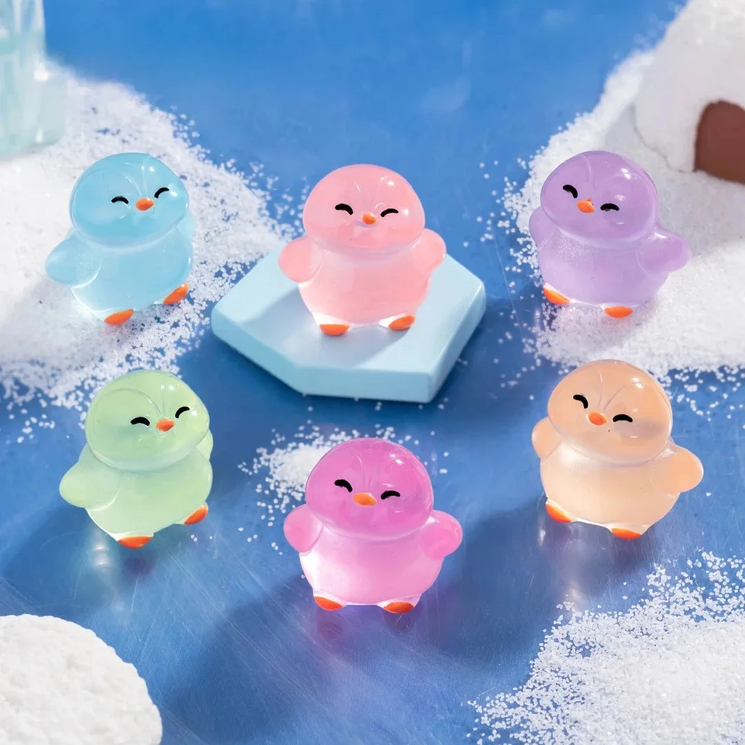 6pcs Cute Mini Realistic Luminous Penguin Miniatures Figurines Resin Crafts Car Room Tabletop Gardening Ornaments Decoration