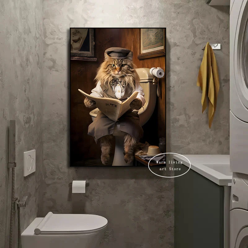 Funny Bathroom Animal Wall Decor Monkey Cat Dog Raccoon Sitting on Toilet Read Newspaper Canvas Painting Poster Print Home Decor