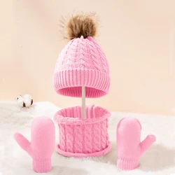 Child Winter Knitted Hat And Scarf Gloves Set Boy Girls Warm Plush Hat 3 Piece Sets Kids New Outdoor Ski Cap Scarves Solid Color