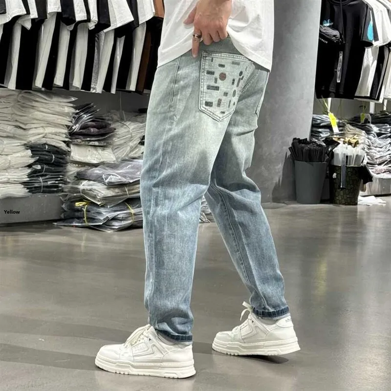 

Summer 2024 Men's adient Color Jeans Thin Embroidered Slim Fit Long Pants Korean Sle Youth Wear Resistant Wear