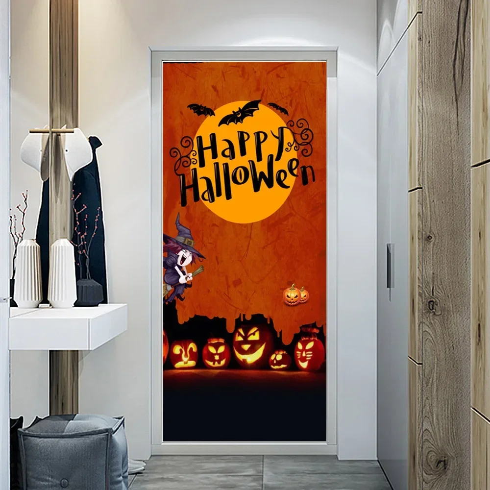 Happy Halloween Door Sticker Pumpkin Witch Wallpaper Horror Ghost Clown Mural PVC Self-adhesive Kids Boys Bedroom Decor Poster