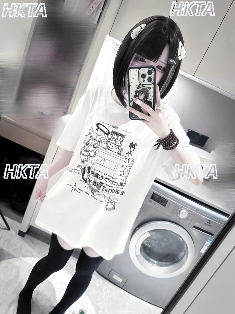 Japanese Goth Y2k Two Dimensional Printing Short Sleeved Tshirt Subculture Sweet Cool Black Tshirt Summer Loose Cotton Top Women