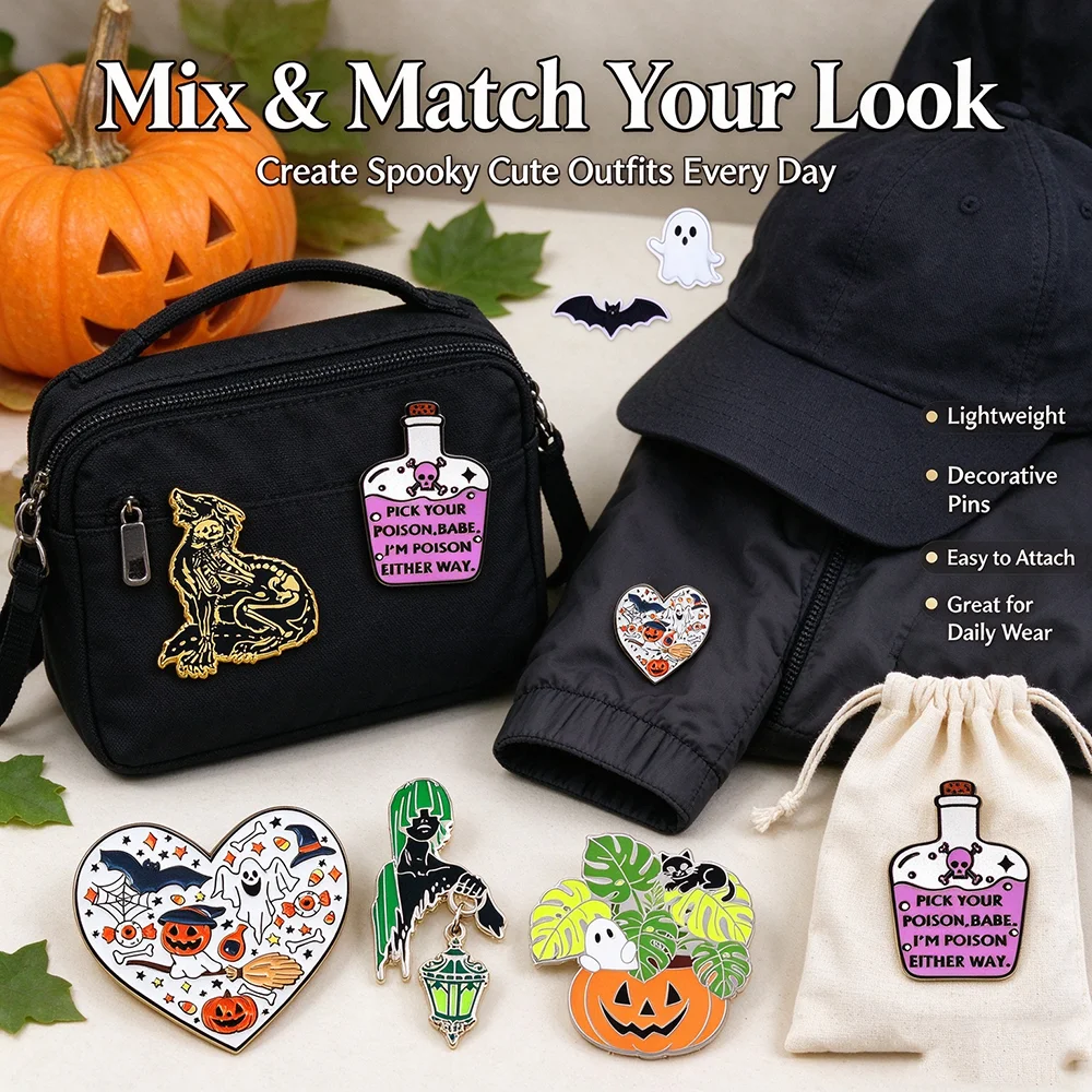 Gothic Dark Style Enamel Pin Halloween Brooch Poisoon-Bottle Heart Ghost Pumpkin Cat Skeleton Wolf Tea Cup Lapel Badge fJewelry