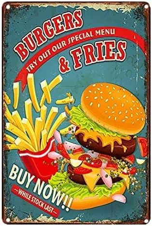 Metallschild Hamburger und Pommes Frites Dekoration Bar Restaurant Garage Fast Food Wand Retro Dose „Aluminium