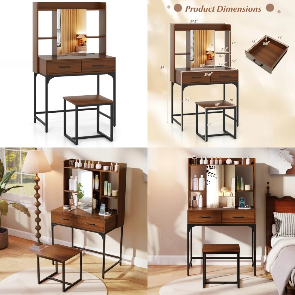 Tocador de maquillaje, tocador moderno con mueble con espejo y taburete, 2 cajones para almacenamiento de maquillaje, diseño que ahorra espacio