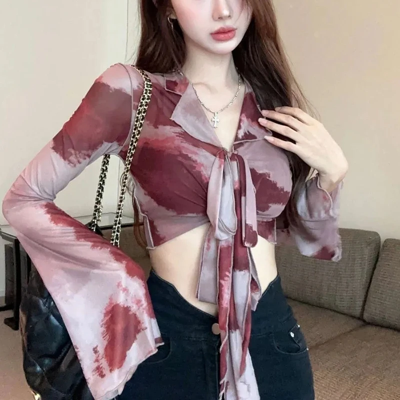 

Sheer Mesh Tie Dye Blouse Women Sexy Chiffon Lace Up Sunproof Shirt Skinny Harajuku Y2K Long Sleeve Streetwear Cropped Top