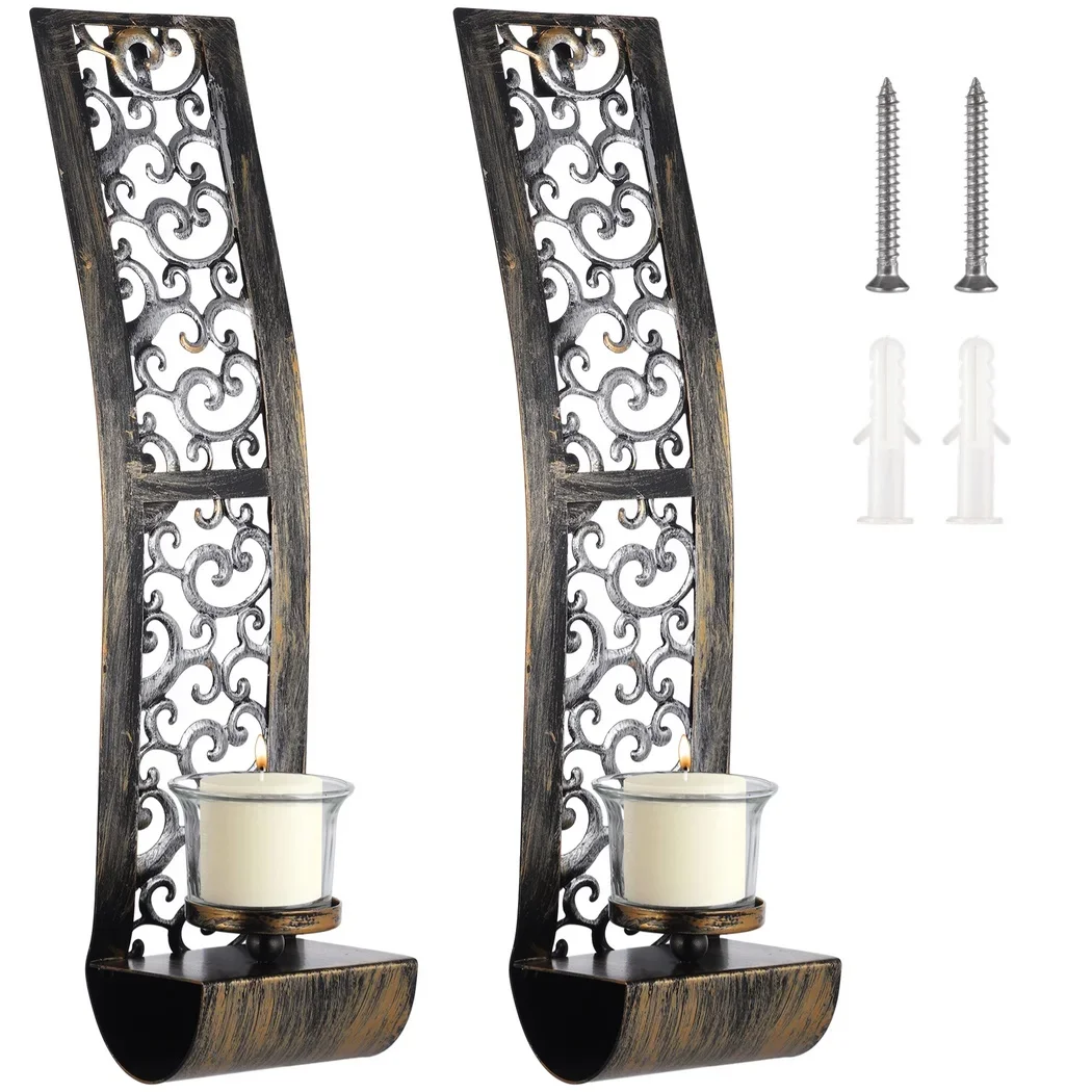 2Pcs Wall Candle Holders Antique Wall Sconce Candle Holders With Glass Wall-Mounted Retro Bronze Style Metal Wall Art Decors